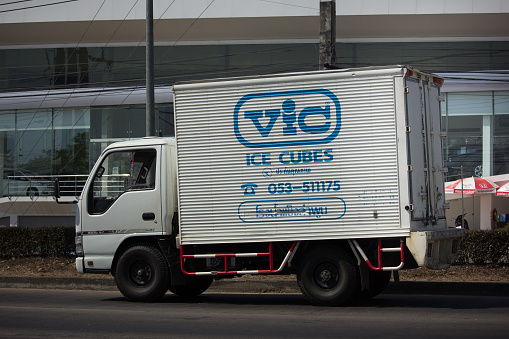 Chiangmai, Thailand -  February 8, 2018: Cold Container Truck for Ice Transportation. Photo at road no.121 about 8 km from downtown Chiangmai, thailand.