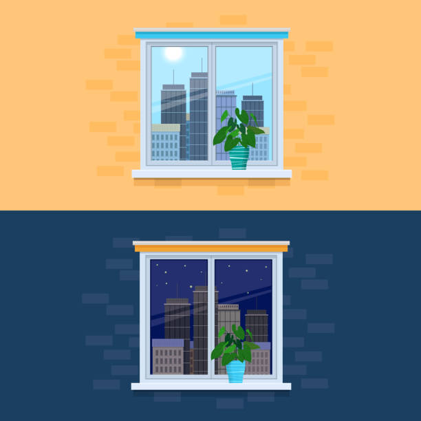 Illustration of closed windows overlooking the city  day and nig Vector illustration of view from the window to the city day and night. Cityscape outside the window. Day and night concept zills stock illustrations