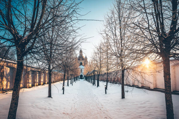 istock Bare Trees Snow Covered Road Against Building During Sunset 960748104