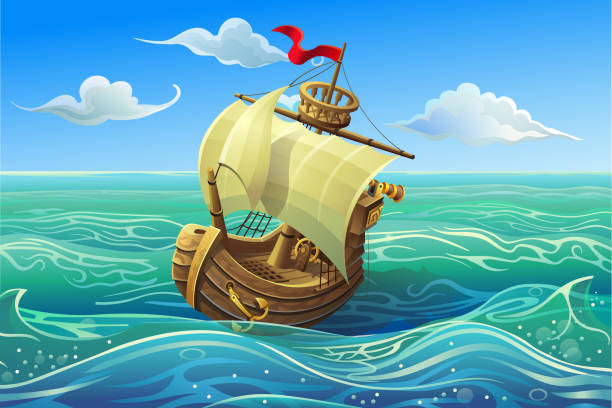 szkuner łodzi pod białymi żaglami w morzu. - brygantyna stock illustrations