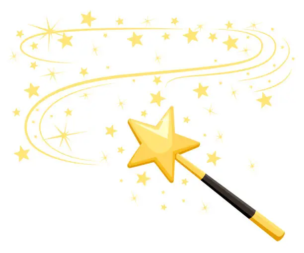 Vector illustration of Decorative magic wand with a magic trace. Star shape magic accessory. Magical girl cartoon power. Vector illustration isolated on white background. Web site page and mobile app design
