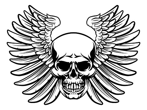 Grim reaper winged skull drawing in a vintage retro woodcut etched or engraved style