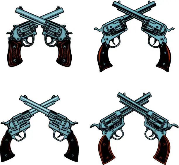 Vector illustration of Set of crossed revolvers on white background. Design elements for poster, emblem, sign.