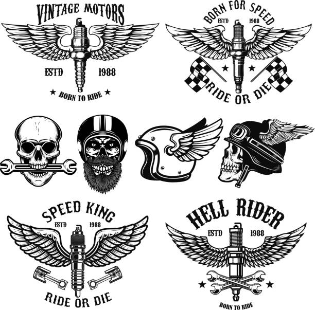 Set of biker emblems with winged spark plugs. Racer skull. Design element for poster, card, emblem, sign. Set of biker emblems with winged spark plugs. Racer skull. Design element for poster, card, emblem, sign. Vector image wings tattoos stock illustrations