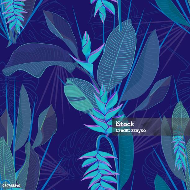 Fleur Tropicale Heliconia Branche Feuilles Fond Transparent Aquarelle Dessin Dans Un Style Plat Bleu Couleur Réaliste Isolé Sur Fond Blanc Vecteurs libres de droits et plus d'images vectorielles de Tropical