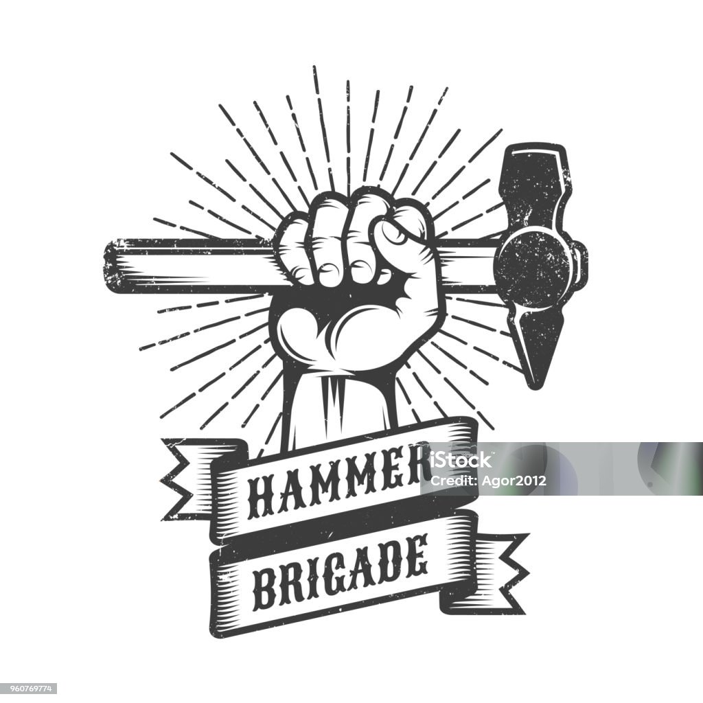 Working grunge Working grunge   -  hand with hammer, ribbon and sunburst. Worn out texture on a separate layer and can be easily disabled. Hammer stock vector
