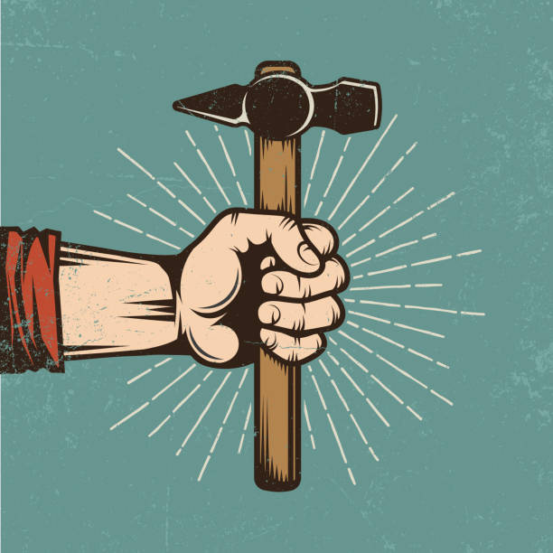 worker's hand is holding a hammer A worn out colored retro poster - the worker's hand is holding a hammer. Texture on separate layer. Vintage vector illustration. arm hammer stock illustrations