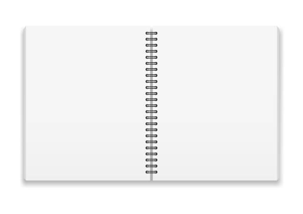 ilustrações de stock, clip art, desenhos animados e ícones de vector realistic image (mock -up, layout) of an open notebook with a black spiral. - spiral notebook