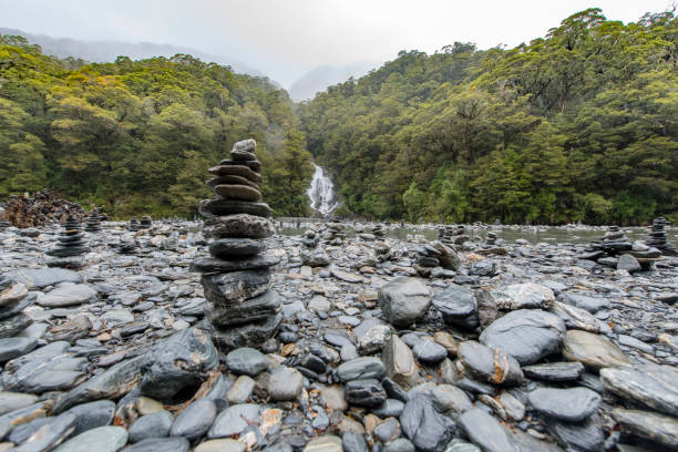 Clean cool fresh water of Waiau River and stony river bed at Hanmer Springs, New Zealand.
