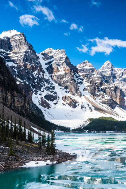 gros plan de la vallée des dix pics moraine lake (alberta), le parc national banff, canada - vertical scenics ice canada photos et images de collection
