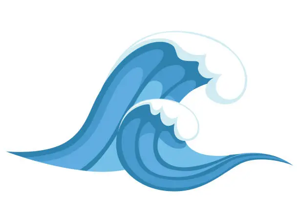 Vector illustration of Tsunami wave. Big blue sea wave in cartoon style. Cataclysm color icon. Vector illustration isolated on white background. Web site page and mobile app design