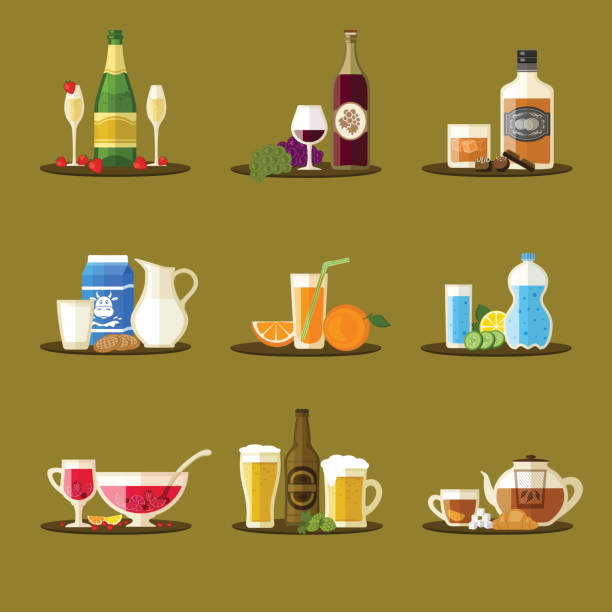 ilustrações, clipart, desenhos animados e ícones de diferentes bebidas com garrafas, copos e petiscos. champanhe, vinho, whisky, leite, suco, água, soco, cerveja, chá. - hot water bottle