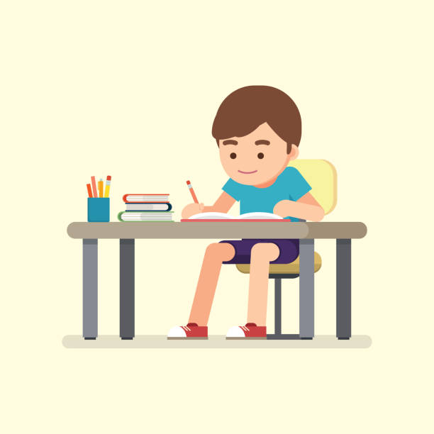 ilustrações de stock, clip art, desenhos animados e ícones de happy cute school boy writing for homework, study concept, vector illustration. - education child learning pencil