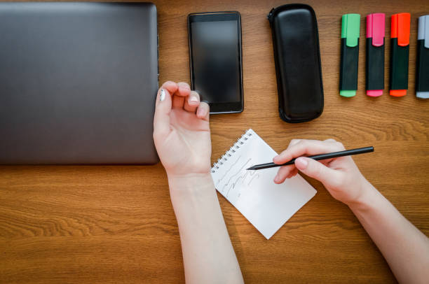 istock White notepad hand girl writing on a wooden table texture background. Laptop and phone for work. Concept art, design, success, idea, start-up, at work, education 960808938