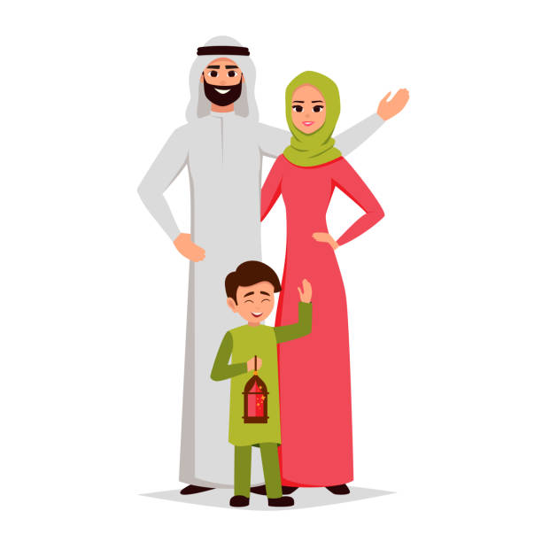 ilustraciones, imágenes clip art, dibujos animados e iconos de stock de dibujos animados de vector familia árabe de carácter conjunto. padre de arabia feliz, madre y su niño está sosteniendo una linterna. - enfold