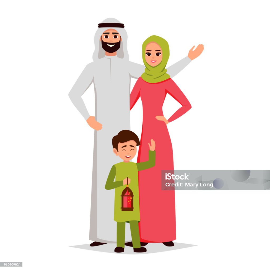 Vector Cartoon Arab Family Characters Sethappy Saudi Father Mother And  Their Child Is Holding A Lantern Stock Illustration - Download Image Now -  iStock