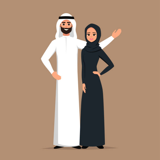 illustrations, cliparts, dessins animés et icônes de femme et vecteur caricature heureux homme saoudien adoptent. gens d’affaires musulmanes en illustration vectorielle des vêtements traditionnels. - enfold