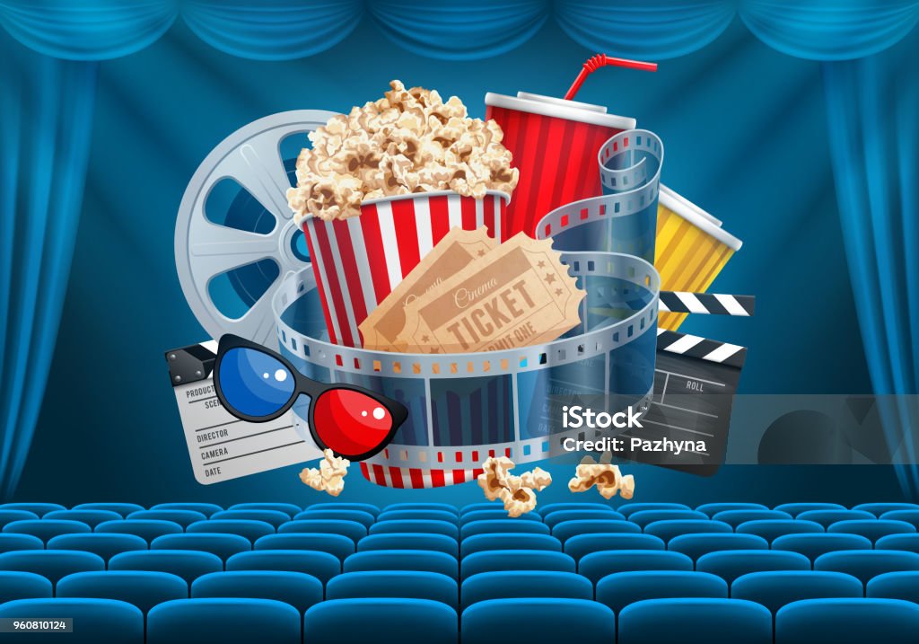 Cinema Hall Cinematograph concept banner design template with popcorn and other elements on cinema theme on background with blue seats and curtain. Vector illustration. Movie stock vector