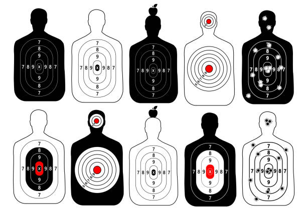 ilustrações de stock, clip art, desenhos animados e ícones de target range shoot human vector set - bullet hole illustrations