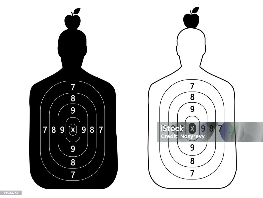 two shooting targets in the form of a silhouette of a man with an Apple on head Apple - Fruit stock vector