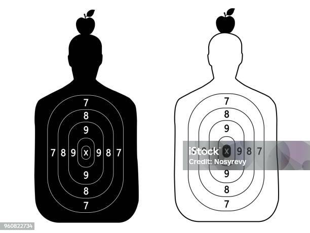 Two Shooting Targets In The Form Of A Silhouette Of A Man With An Apple On Head Stock Illustration - Download Image Now