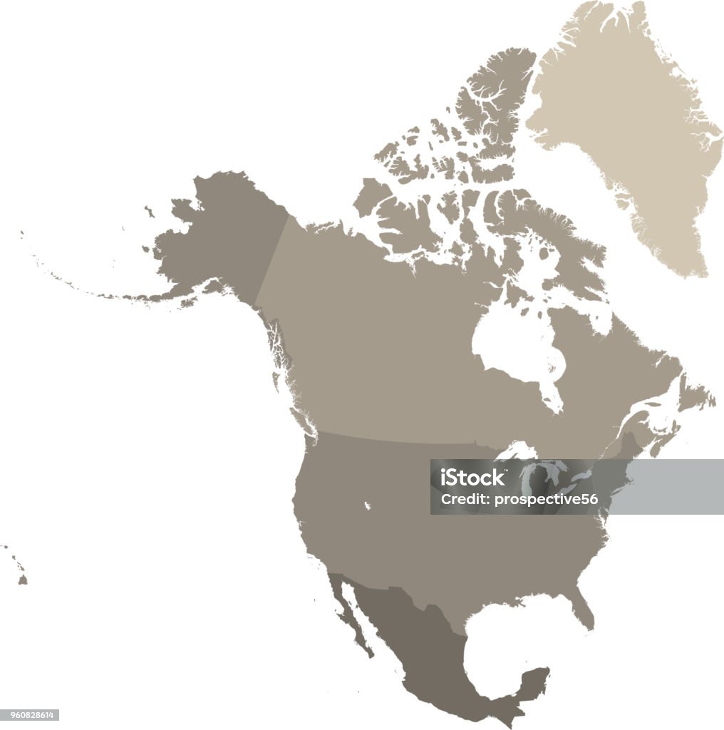 North America map vector outline with countries borders in gray background. Highly detailed accurate map of North American countries including USA, Canada, and Mexico North America stock vector