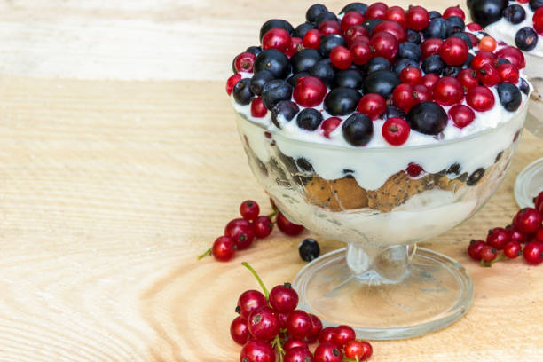 Dessert with cream and fresh berries (red and black currants, blueberry)