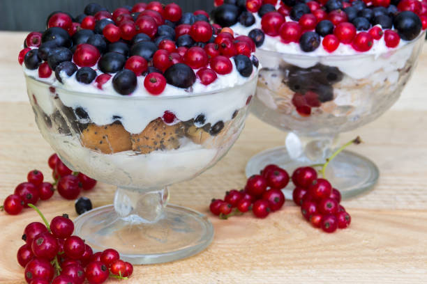Dessert with cream and fresh berries (red and black currants, blueberry)