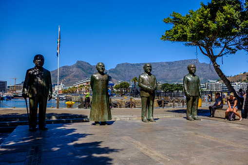 CAPE TOWN, SOUTH AFRICA – 20 MARCH 2018: Beautiful Nobel Square at the waterfront with statues of Peace Prize winners Mandla, de Klerk, Tutu and Luthuli