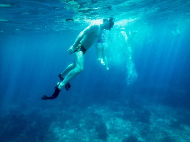 istock Diver man swimming under blue sea 960853368