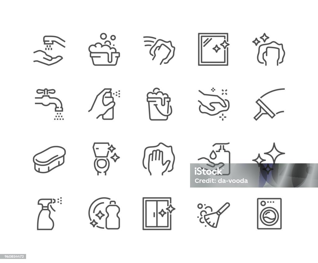 Line Cleaning Icons Simple Set of Cleaning Related Vector Line Icons. Contains such Icons as Spray, Dust, Clean Surface, Sponge and more. Editable Stroke. 48x48 Pixel Perfect. Icon Symbol stock vector