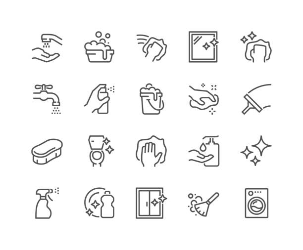 Line Cleaning Icons Simple Set of Cleaning Related Vector Line Icons. Contains such Icons as Spray, Dust, Clean Surface, Sponge and more. Editable Stroke. 48x48 Pixel Perfect. bucket and sponge stock illustrations