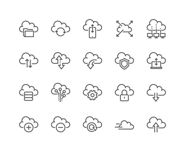 illustrazioni stock, clip art, cartoni animati e icone di tendenza di icone cloud del computer di linea - cloud