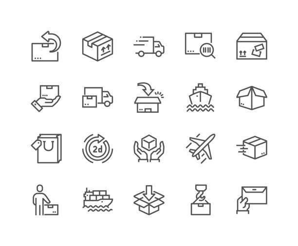 Line Delivery Icons Simple Set of Delivery Related Vector Line Icons. Contains such Icons as Priority Shipping, Express Delivery, Tracking Order and more. Editable Stroke. 48x48 Pixel Perfect. packaging illustrations stock illustrations