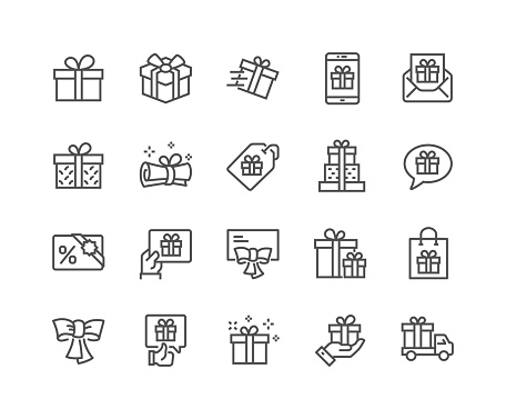 Simple Set of Gifts Related Vector Line Icons. Contains such Icons as Gift Card, Present Offer, Ribbon and more. Editable Stroke. 48x48 Pixel Perfect.