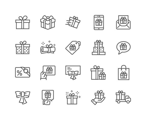 Line Gifts Icons Simple Set of Gifts Related Vector Line Icons. Contains such Icons as Gift Card, Present Offer, Ribbon and more. Editable Stroke. 48x48 Pixel Perfect. gift stock illustrations