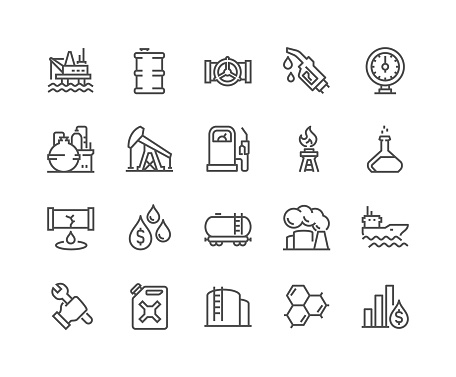 Simple Set of Oil Related Vector Line Icons. Contains such Icons as Gas Station, Oil Factory, Transportation and more. Editable Stroke. 48x48 Pixel Perfect.