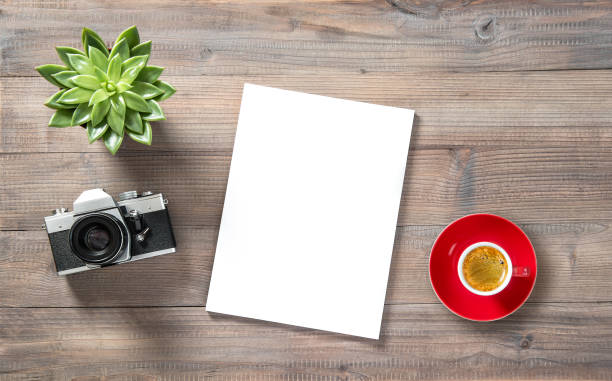istock Paper vintage photo camera coffee succulent Office workplace flat lay 960857792
