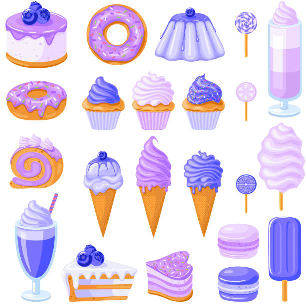 Big set of  sweet food Big set of yellow and orange sweet food. Donut, ice cream, muffins, smoothies, macaroons and candies with lemon and orange citrus topping. Vector illustration ice pie stock illustrations