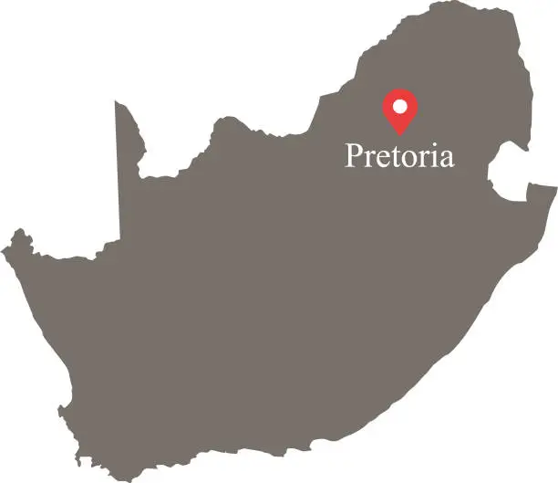 Vector illustration of South Africa map vector outline with provinces or states borders and capital location and name, Pretoria, in gray background. Highly detailed accurate map of South Africa