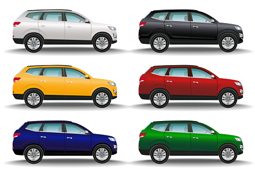 Set of six different colors cars on white background. Luxury offroad vehicles side view. Realistic crossover. 4x4 transport. Vector illustration.
