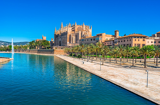 Palma de Mallorca, view of Cathedral La Seu and Parc de la Mar