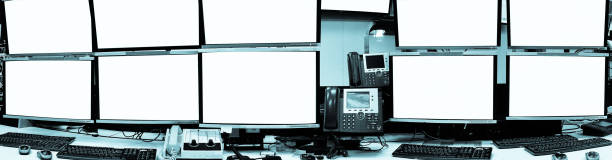 istock Blank server computer screen in modern interior data Center, server room for mocup business and security concept, panorama view. 960865838