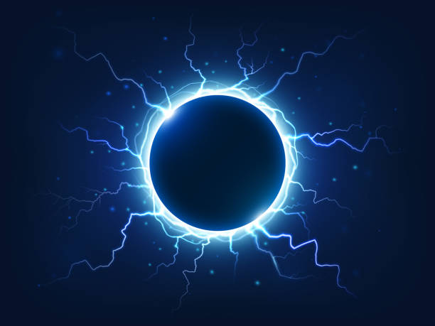 Spectacular thunder and lightning surround blue electric ball. Power energy sphere surrounded electrical lightnings vector background Spectacular electricity thunder shining spark and lightning surround blue electric ball. Power bright energy plasma sphere surrounded electrical lightnings storm isolated vector background realism lightning backgrounds stock illustrations