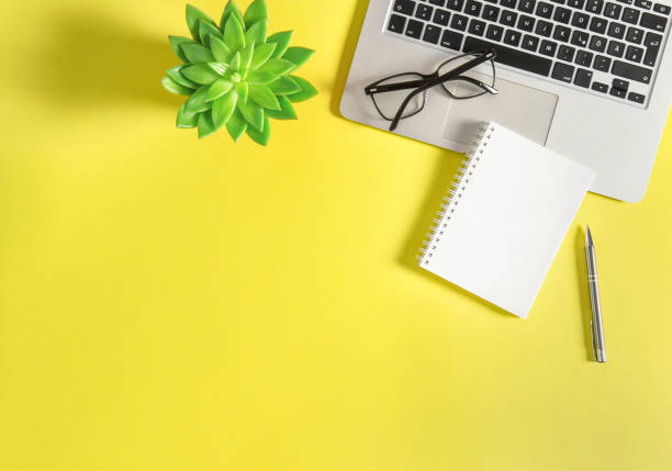 istock Office workplace flat lay Laptop notebook green succulent yellow background 960872556