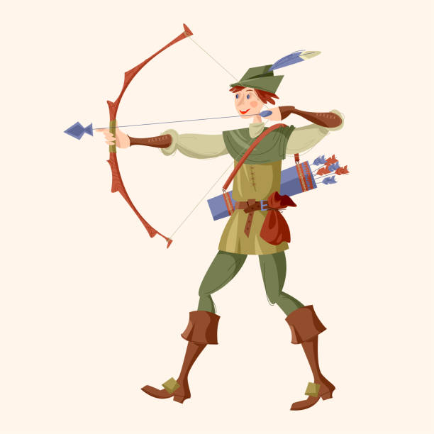 istock Young man in medieval costume, shooting a bow and arrow. Robin Hood. 960874784