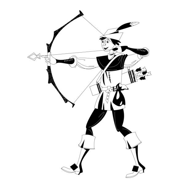 ilustrações de stock, clip art, desenhos animados e ícones de young man in medieval costume, shooting a bow and arrow. robin hood. black and white. - duotone aiming hunter bow and arrow