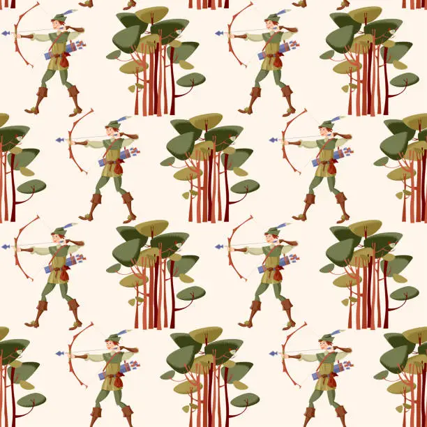 Vector illustration of Young man in medieval costume, shooting a bow and arrow. Robin Hood. Seamless background pattern.