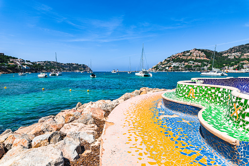 Mallorca island, beautiful view of bay Port de Andratx with luxury yachts, Spain Mediterranean Sea