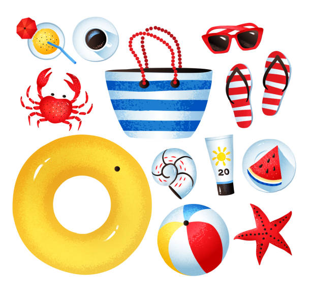 Top view vector summertime illustration Vector illustration set of summer vacation items isolated on white background. coil tubing stock illustrations